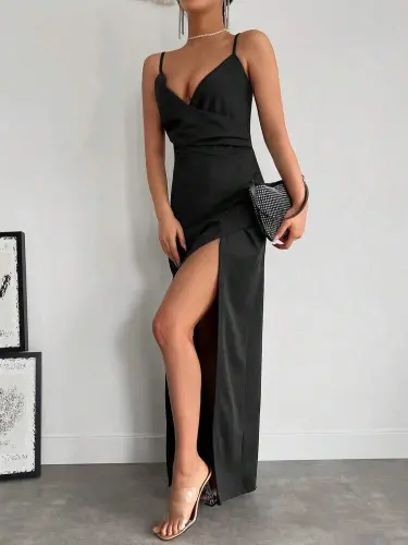 Women's Strappy Crossover Neckline Deep Slit Crepe Dress - 4