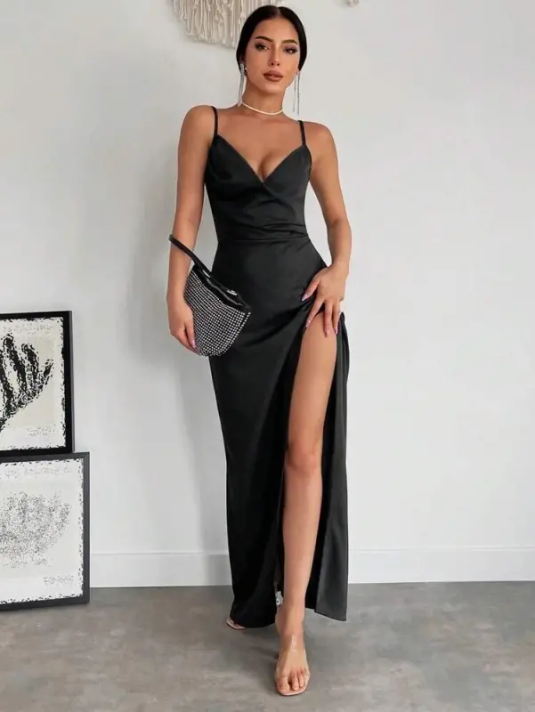 Women's Strappy Crossover Neckline Deep Slit Crepe Dress - 5