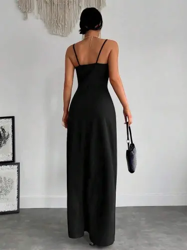 Women's Strappy Crossover Neckline Deep Slit Crepe Dress - 7