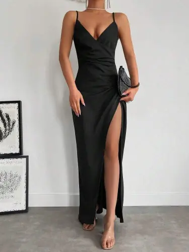 Women's Strappy Crossover Neckline Deep Slit Crepe Dress - 8