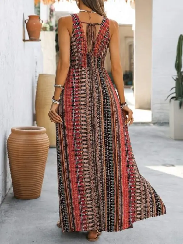 Women's Strappy Deep V-Neck Patterned Long Single Jersey Dress - 3
