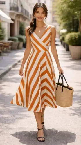 Women's Strappy Double-Breasted Collar Beltless Striped Scuba Midi Dress - 1