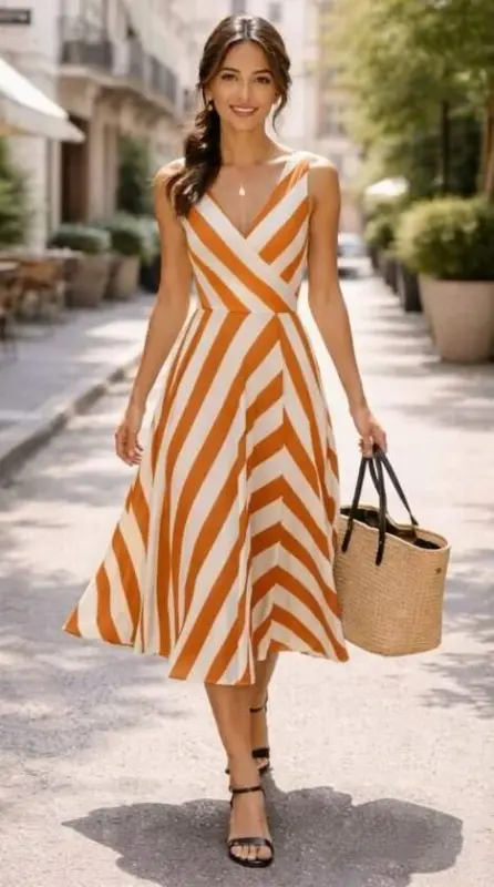 Women's Strappy Double-Breasted Collar Beltless Striped Scuba Midi Dress - BÜYÜKBEDENIZ