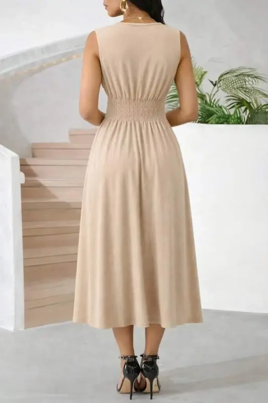 Women's Strappy Double-Breasted V-Neck Elastic Waist Midi Crinkle Dress - 3