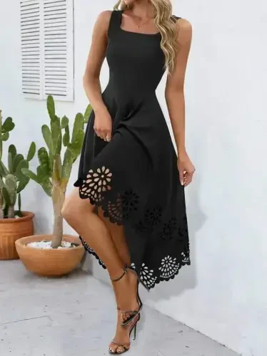 Women's Strappy Geometric Neck Floral Laser Cut Imported Crepe Dress - 1