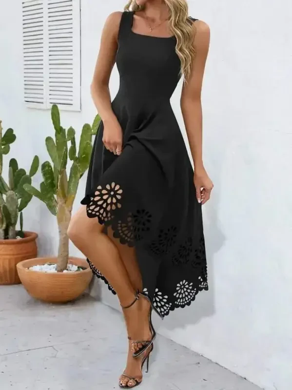 Women's Strappy Geometric Neck Floral Laser Cut Imported Crepe Dress - 1