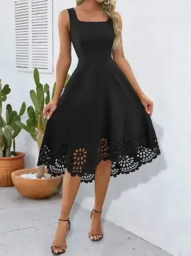 Women's Strappy Geometric Neck Floral Laser Cut Imported Crepe Dress - 3