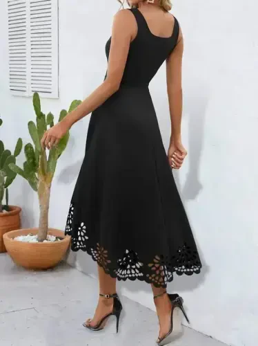 Women's Strappy Geometric Neck Floral Laser Cut Imported Crepe Dress - 4