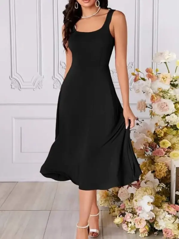 Women's Strappy Geometric Neckline Wide Leg Detailed Imported Crepe Dress - BÜYÜKBEDENIZ