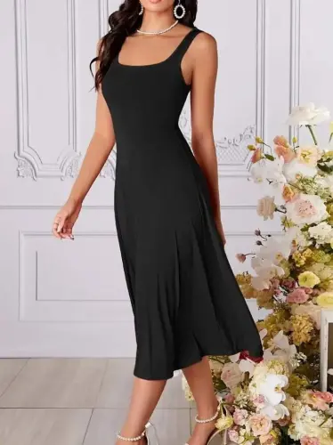 Women's Strappy Geometric Neckline Wide Leg Detailed Imported Crepe Dress - BÜYÜKBEDENIZ (1)