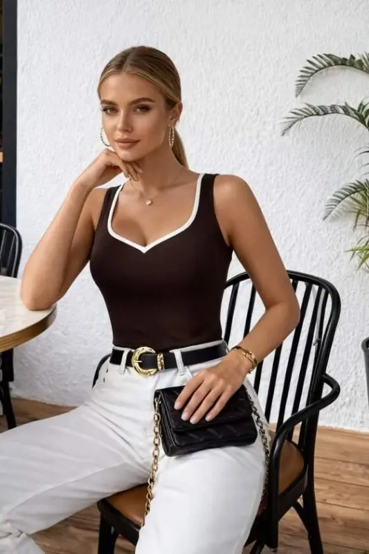 Women's Strappy Heart V-Neck Scuba Blouse - BÜYÜKBEDENIZ