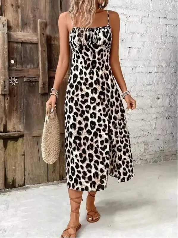 Women's Strappy Lace-Up Slit Leopard Print Midi Dress - 2
