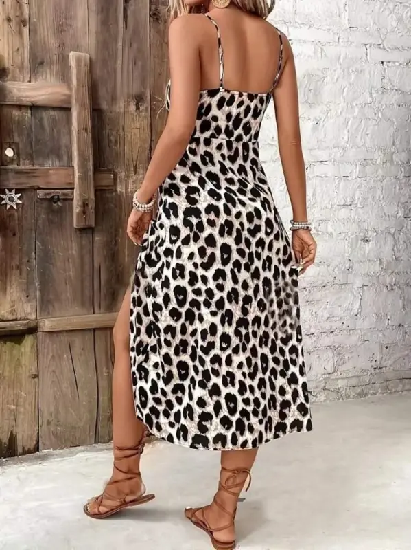 Women's Strappy Lace-Up Slit Leopard Print Midi Dress - 3