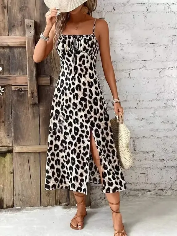 Women's Strappy Lace-Up Slit Leopard Print Midi Dress - 4