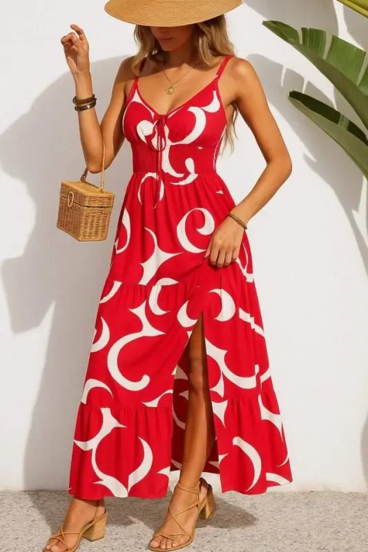 Women's Strappy Low-Cut Lace-Up Slit Patterned Supima Dress - BÜYÜKBEDENIZ