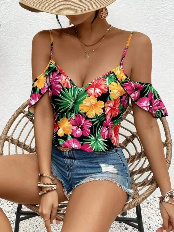 Women's Strappy Off Shoulder Floral Print Blouse - BÜYÜKBEDENIZ