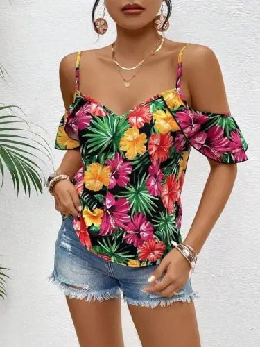 Women's Strappy Off Shoulder Floral Print Blouse - BÜYÜKBEDENIZ (1)