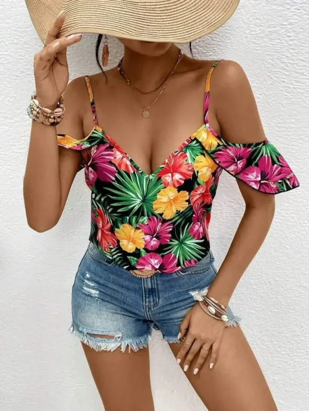 Women's Strappy Off Shoulder Floral Print Blouse - 3