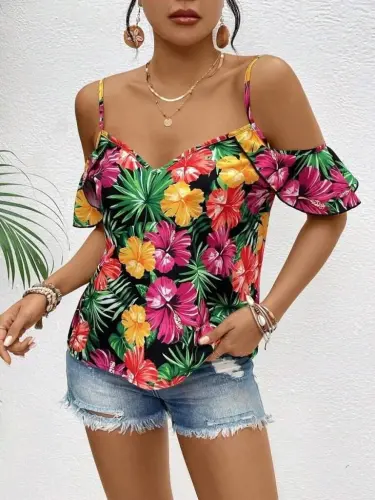 Women's Strappy Off Shoulder Floral Print Blouse - 4