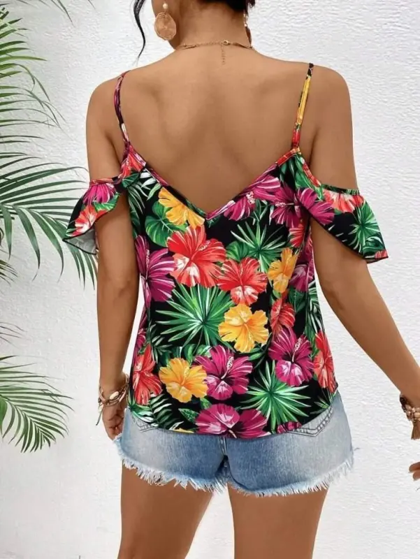 Women's Strappy Off Shoulder Floral Print Blouse - 5