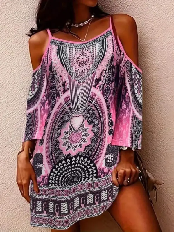 Women's Strappy Off Shoulder Poor Arm Patterned Short Supima Dress - BÜYÜKBEDENIZ