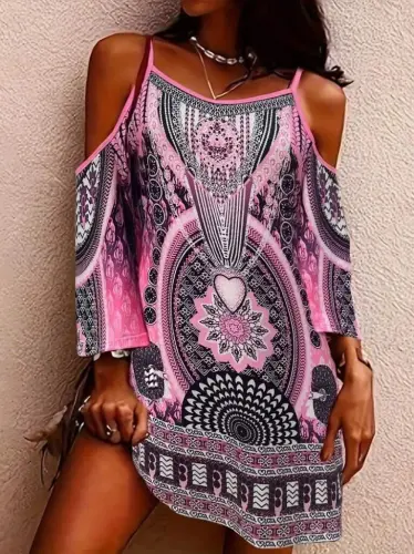 Women's Strappy Off Shoulder Poor Arm Patterned Short Supima Dress - 7