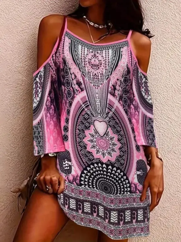 Women's Strappy Off Shoulder Poor Arm Patterned Short Supima Dress - 3