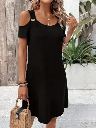 Women's Strappy Off-Shoulder Short Sleeve Eyelet Detail Viscose Dress - 2