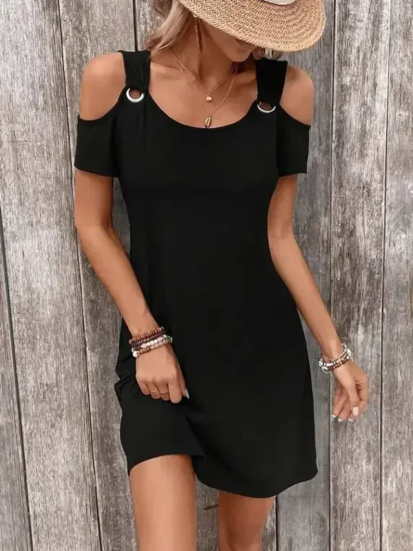 Women's Strappy Off-Shoulder Short Sleeve Eyelet Detail Viscose Dress - 4