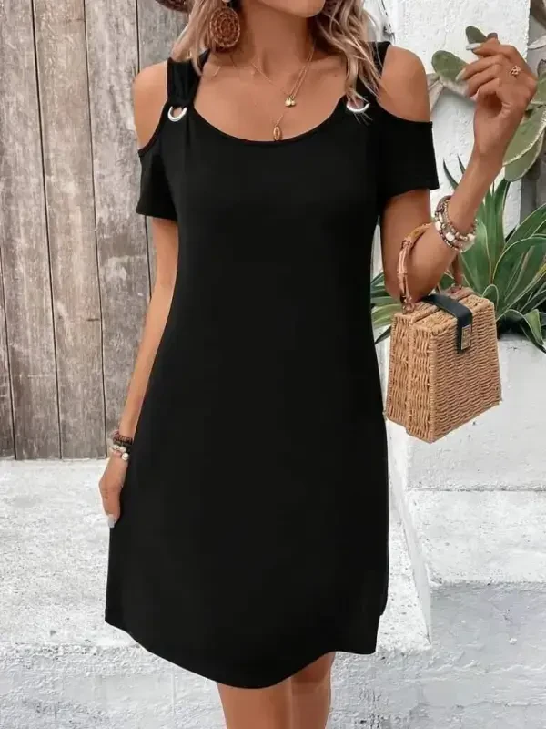 Women's Strappy Off-Shoulder Short Sleeve Eyelet Detail Viscose Dress - 6