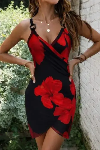 Women's Strappy Ring Detailed Wrap Neck Patterned Jersey Short Dress - BÜYÜKBEDENIZ (1)