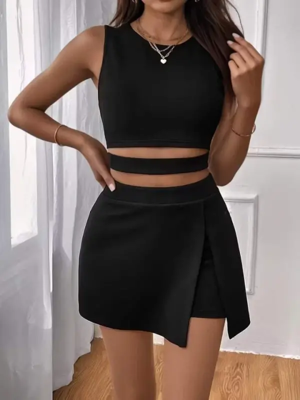 Women's Strappy Round Neck Crop Shimmer Blouse And Skort Two-Piece Set - BÜYÜKBEDENIZ