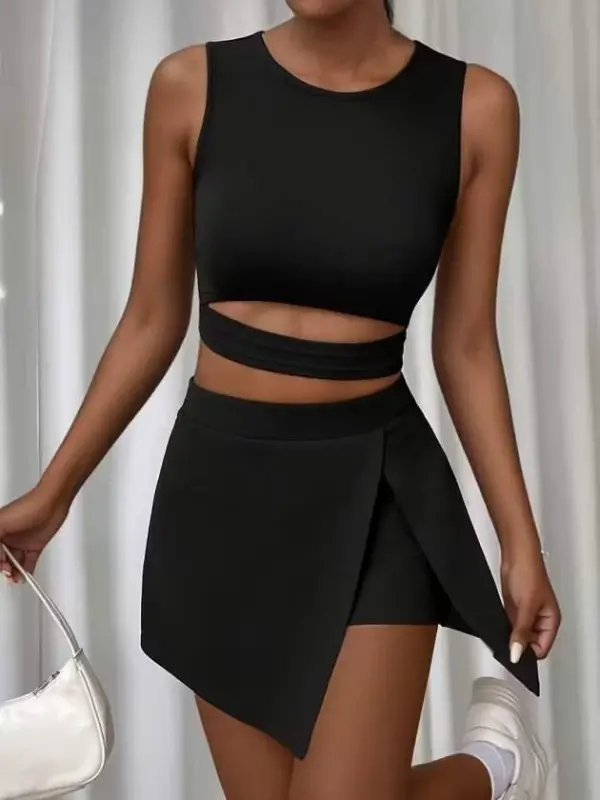Women's Strappy Round Neck Crop Shimmer Blouse And Skort Two-Piece Set - 2