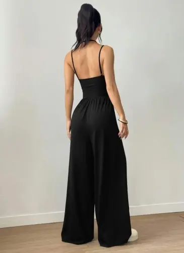 Women's Strappy Round Neck Long Viscose Jumpsuit - 4