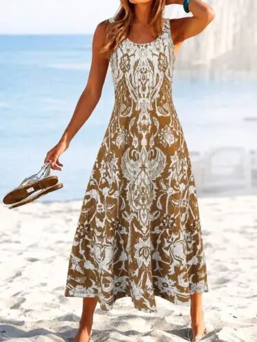 Women's Strappy Round Neck Patterned Long Single Jersey Dress - 3