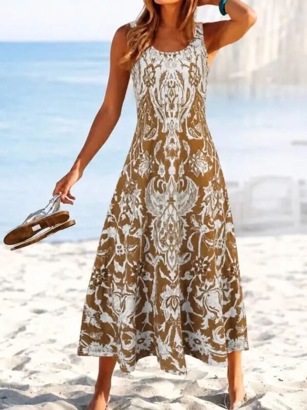 Women's Strappy Round Neck Patterned Long Single Jersey Dress - 3