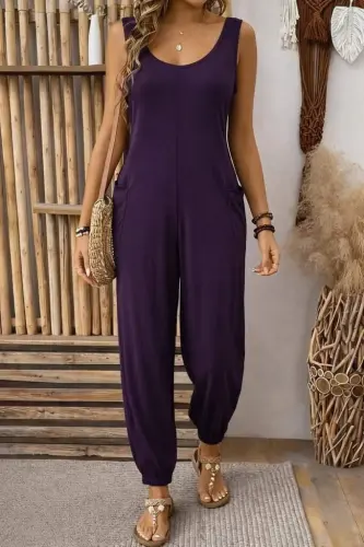 Women's Strappy Round Neck Pocket Detailed Viscose Jumpsuit - BÜYÜKBEDENIZ (1)