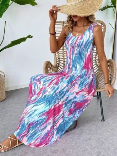 Women's Strappy Round Neck Pocketed Long Patterned Single Jersey Dress - 2