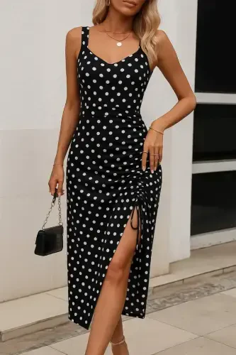 Women's Strappy Round Neck Sweetheart Neck Side Ruched Slit Detailed Dotted Knitted Crepe Dress - 1