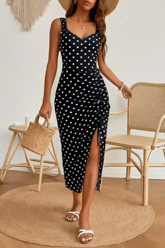 Women's Strappy Round Neck Sweetheart Neck Side Ruched Slit Detailed Dotted Knitted Crepe Dress - 2