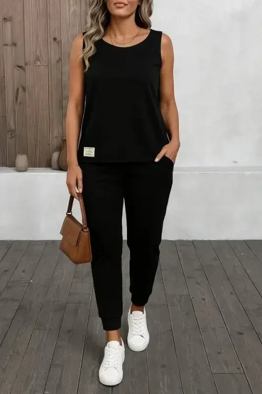 Women's Strappy Round Neck Viscose Two Thread Blouse And Sweatpants Set - 1