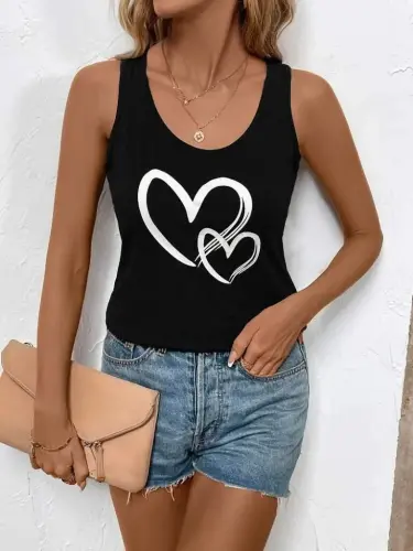 Women's Strappy Scoop Neck Heart Print Viscose Blouse - BÜYÜKBEDENIZ (1)