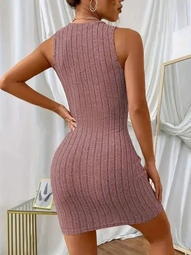Women's Strappy Scoop Neck Ribbed Knit Bodycon Mini Dress - BÜYÜKBEDENIZ (1)