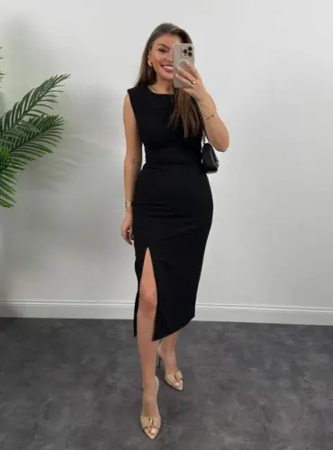 Women's Strappy Sleeveless Drawstring Waist Slit Midi Shimmer Crepe Dress - 1