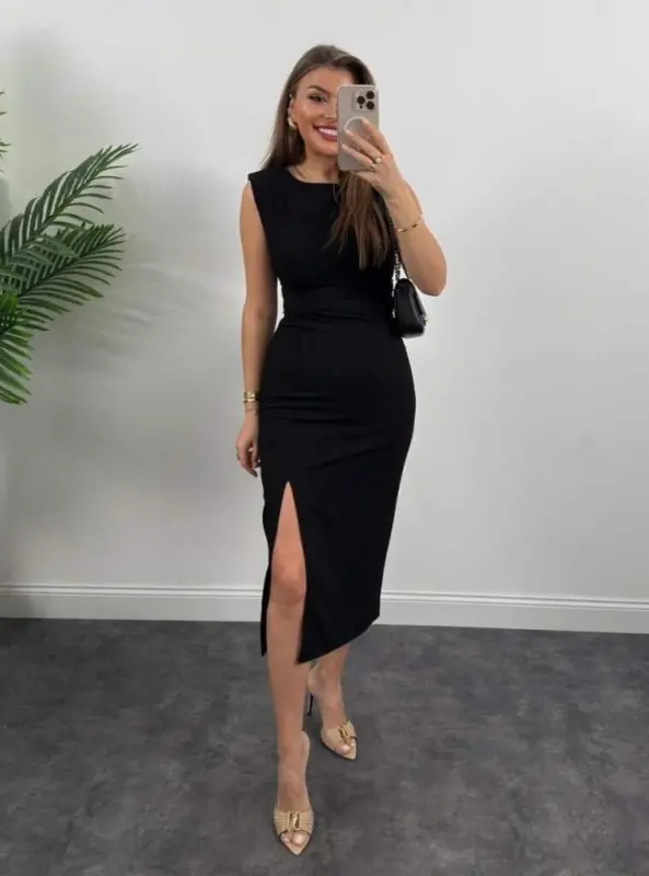 Women's Strappy Sleeveless Drawstring Waist Slit Midi Shimmer Crepe Dress - 1