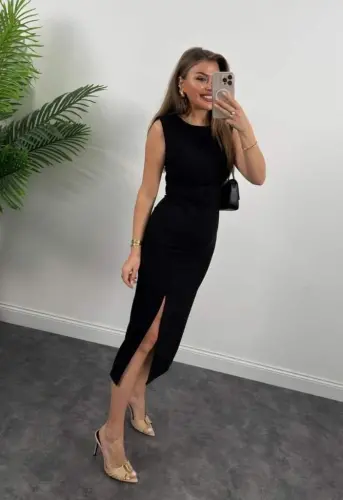 Women's Strappy Sleeveless Drawstring Waist Slit Midi Shimmer Crepe Dress - 2