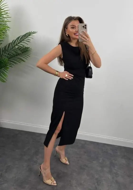 Women's Strappy Sleeveless Drawstring Waist Slit Midi Shimmer Crepe Dress - 3