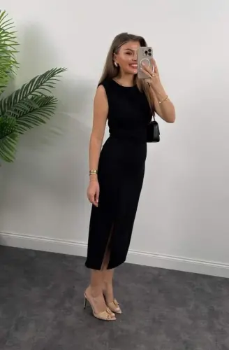 Women's Strappy Sleeveless Drawstring Waist Slit Midi Shimmer Crepe Dress - 4