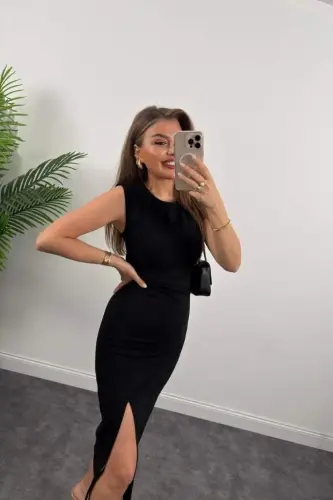 Women's Strappy Sleeveless Drawstring Waist Slit Midi Shimmer Crepe Dress - 6