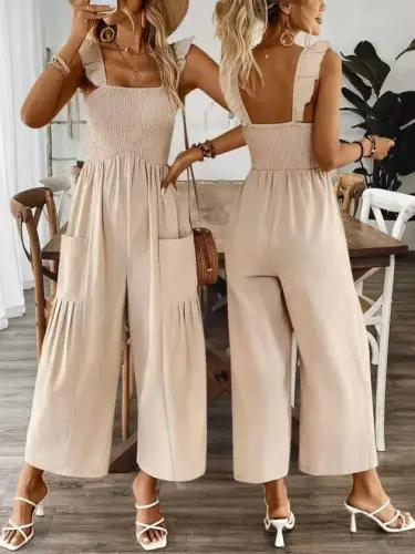 Women's Strappy Smocked Detail Pockets Long Jumpsuit - 1